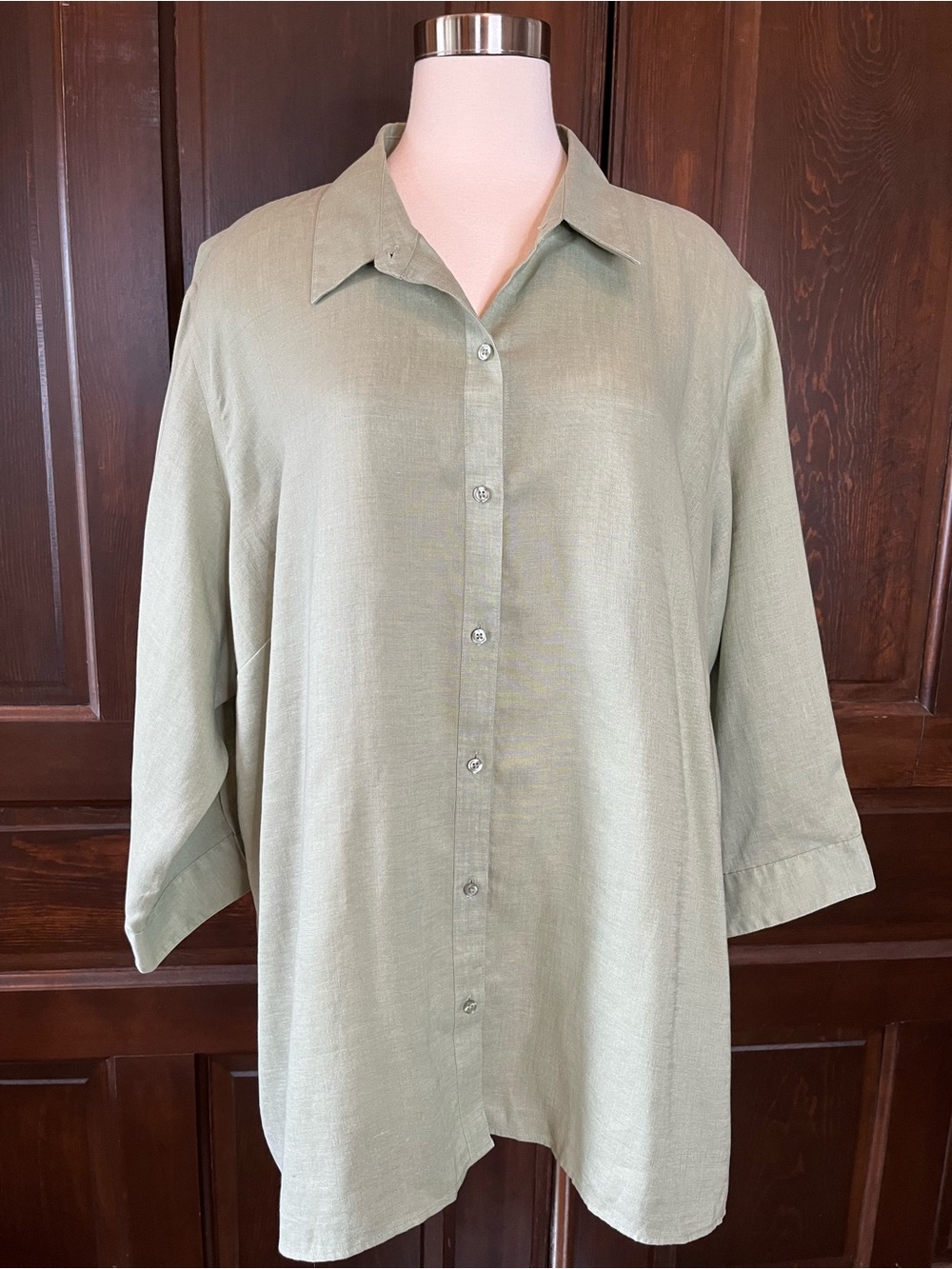 Coldwater Creek Women's 3X Linen Shirt Sage Green Button Front 3/4 Sleeve NWOT